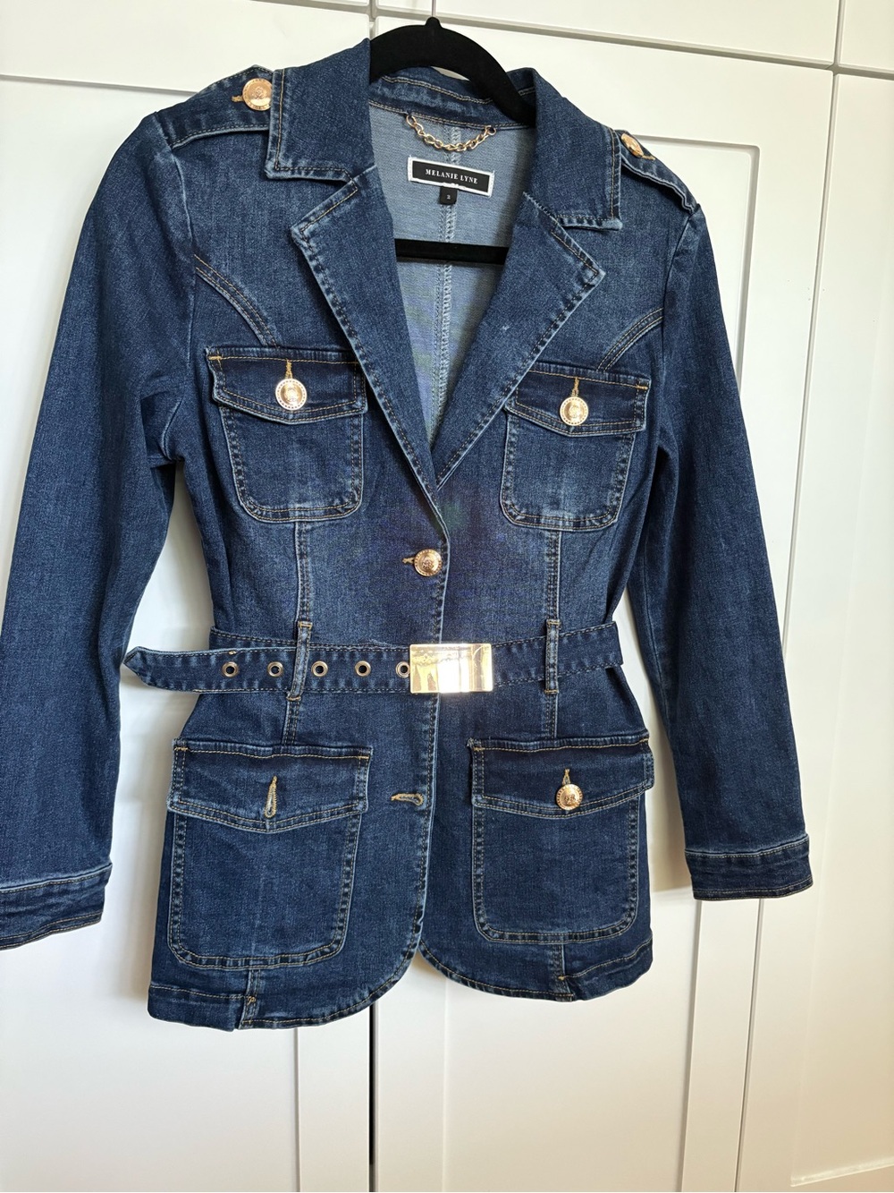 Melanie Lyne Women's Dark Blue Denim Belted Jacket. NWOT